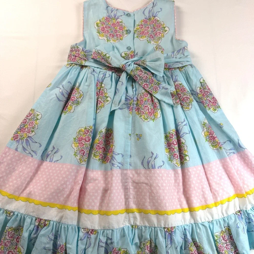 Laura‎ Ashley Dress Girls 4 Blue Floral Polka Dot Sleeveless Bow Y2K Girls EUC